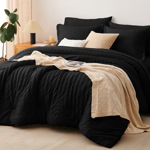 CozyLux Full Seersucker Comforter Set with Sheets Black Bed in a Bag 7Pieces All Season Bedding Sets with Comforter Pillow Sham Flat Sheet Fitted Sheet Pillowcase