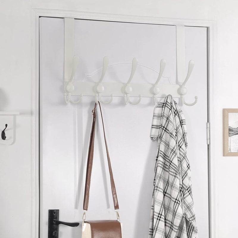 Dseap Over The Door Hook Hanger - Fits 1 3/8" to 1 3/4" Standard Doors | 5 Tri Hooks Heavy Duty Towel/Coat Rack | Door Organizer for Clothes, Jackets, Hats, Towels, White - Image 4