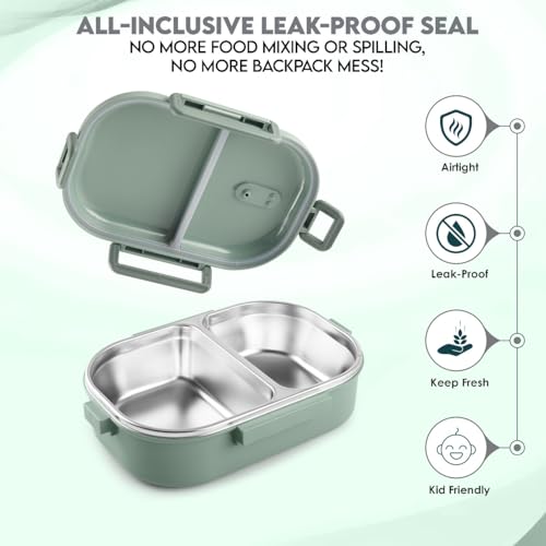 QLECT Kids Star Stainless Steel Lunch Box for Kids Adults, PUF Insulation Keeps Food Warm, Food Grade Bpa Free, 2 Compartments with Locking Lid and Steam Valve, Spill Leak Proof(700ml Green) - Image 4