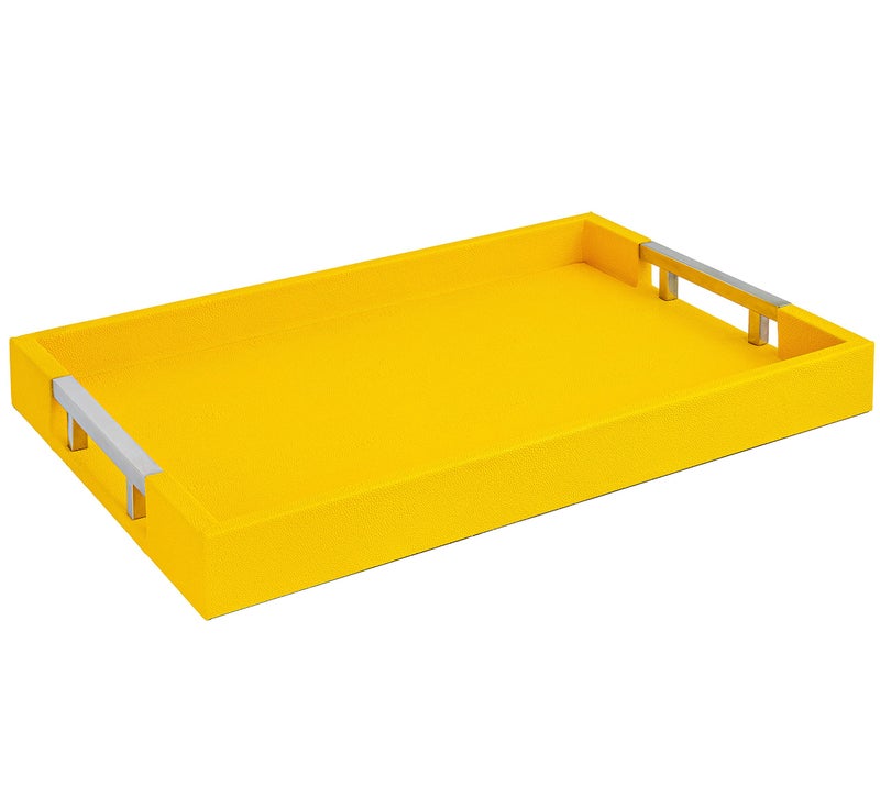 Modern Elegant 18x12 Rectangle Yellow Shagreen Faux Leather Decorative Tray Ottoman Coffee Table Perfume Dresser Kitchen Serving Tray with Silver Metal Handles by Home Redefined for All Occasions