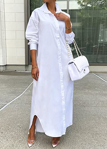Choichic Shirt Dresses for Women Casual Long Sleeve Collared Solid Color Loose Button Down T Shirts Dress Plus Size Maxi Dresses Medium White - Image 3