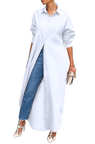 Choichic Shirt Dresses for Women Casual Long Sleeve Collared Solid Color Loose Button Down T Shirts Dress Plus Size Maxi Dresses Medium White - Image 1