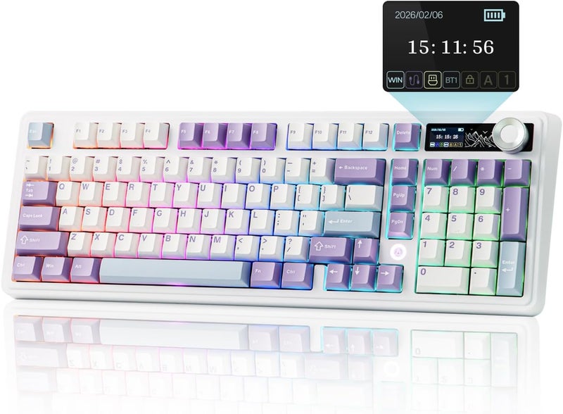 ميكلاندز لوحة مفاتيح ألعاب لاسلكية MechLands AJAZZ AK980 بنسبة 96% مع منفذ USB-C/BT5.0/2.4GHz وشاشة TFT مقاس 1.14 بوصة، لوحة مفاتيح ميكانيكية كريمية قابلة للتبديل السريع مع لوحة FR4، مقبض دوار، إضاءة RGB لأنظمة Win/Mac (أبيض) - Image 1