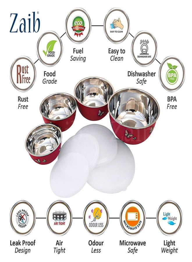 Zaib Stainless Steel Microwave Safe Euro Mixing Bowl Set with Lid | 500ml, 750ml, 1250ml, 2000ml | Stackable Kitchen Storage & Serving Bowls (Red Butterfly 4) - Image 4