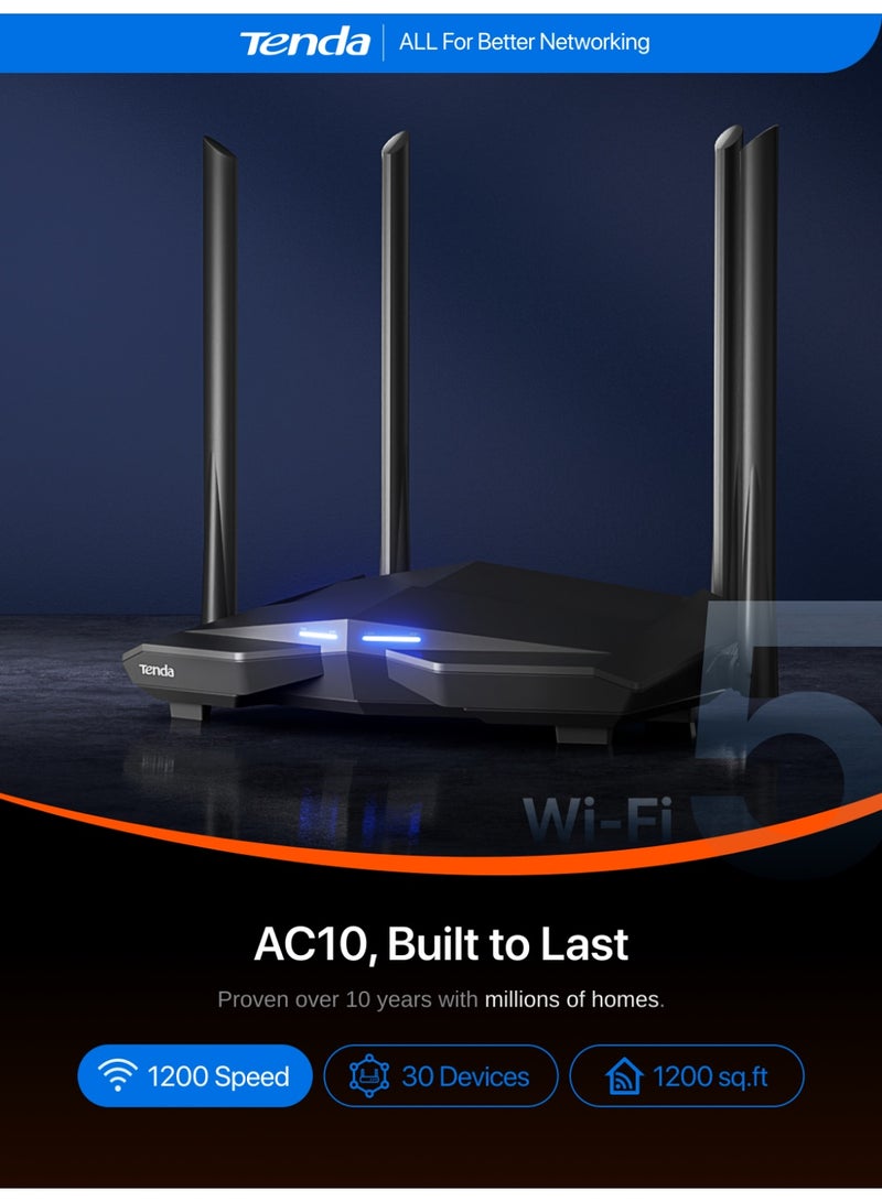 Tenda AC10 AC1200 Gigabit Wireless WiFi Router Dual Band 5GHz, 867Mbps, 2.4GHz, 300Mbps, 4x 5dBi Antenna, Broadcom 1GHz Chip, DDR3 Memory, Games, Beamforming+, Control App AC1200 Router - Image 3