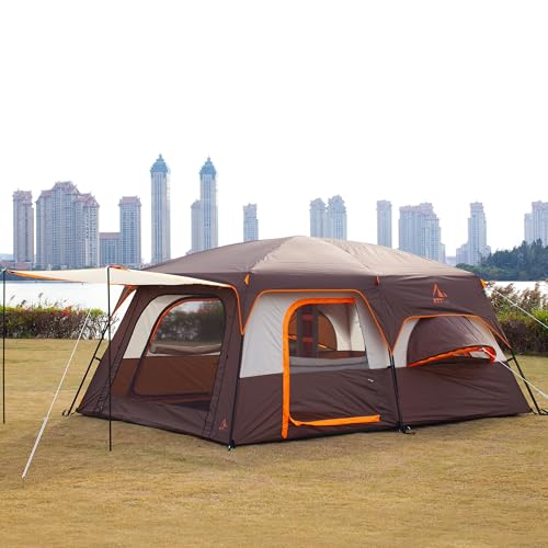 KTT Extra Large Tent 12 Person,2 Bay-Windows,Family Cabin Tents,14.1'Lx10'Wx6.58'H,2 Rooms and 3 Doors 3 Windows with Mesh,Waterproof,Straight Wall,Big Tent for Outdoor,Picnic,Camping(Brown) - Image 5
