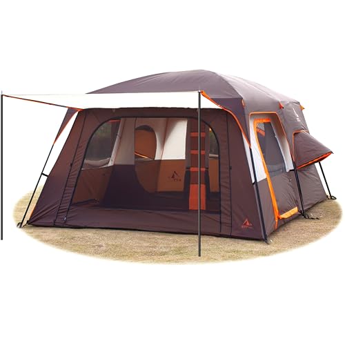 KTT Extra Large Tent 12 Person,2 Bay-Windows,Family Cabin Tents,14.1'Lx10'Wx6.58'H,2 Rooms and 3 Doors 3 Windows with Mesh,Waterproof,Straight Wall,Big Tent for Outdoor,Picnic,Camping(Brown) - Image 1