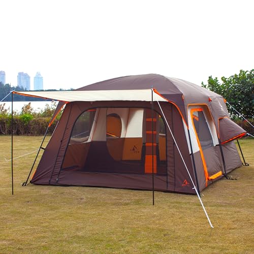 KTT Extra Large Tent 12 Person,2 Bay-Windows,Family Cabin Tents,14.1'Lx10'Wx6.58'H,2 Rooms and 3 Doors 3 Windows with Mesh,Waterproof,Straight Wall,Big Tent for Outdoor,Picnic,Camping(Brown) - Image 2