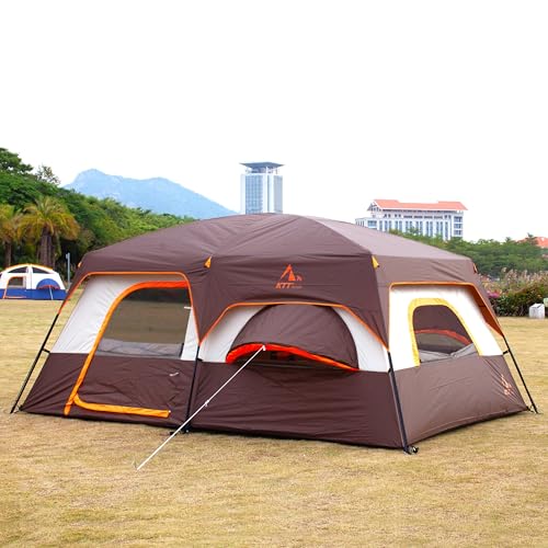 KTT Extra Large Tent 12 Person,2 Bay-Windows,Family Cabin Tents,14.1'Lx10'Wx6.58'H,2 Rooms and 3 Doors 3 Windows with Mesh,Waterproof,Straight Wall,Big Tent for Outdoor,Picnic,Camping(Brown) - Image 3
