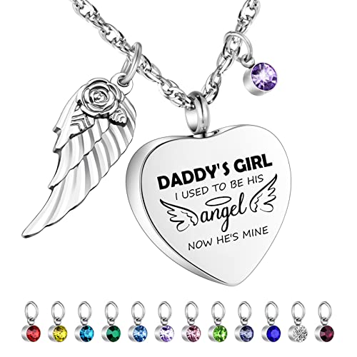 Dletay Heart Urn Necklace for Human Ashes Cremation Jewelry with 12 Birthstones Cremation Necklace for Dad Ashes-DADDY'S GIRL I USED TO BE HIS angel NOW HE'S MINE - Image 1