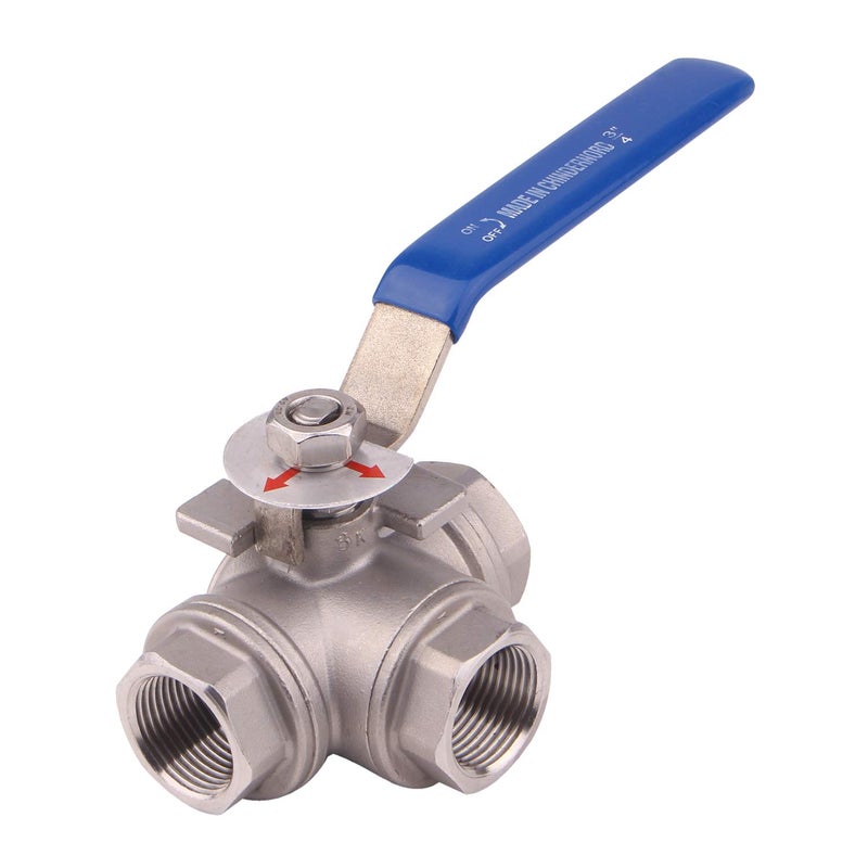 DERNORD 3Way Ball Valve L Mounting Pad Stainless Steel 304 Female Type for Water Oil and Gas with Vinyl Locking Handle 34 Inch NPT