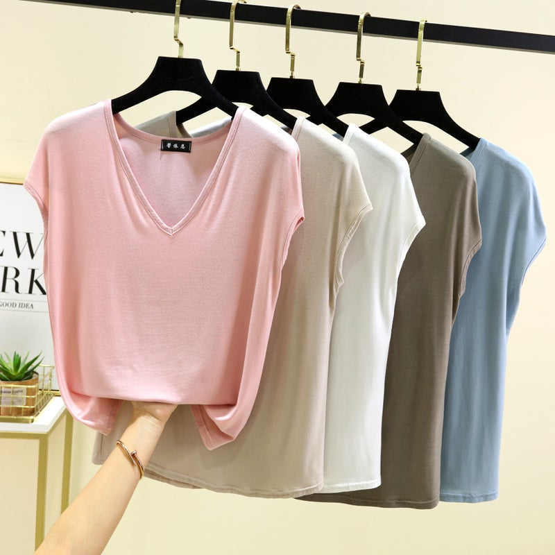 Modal V-Neck Sleeveless T-Shirt Women's Summer Thin Half-Sleeve Loose plus size All-Match Base Shirt Outer Wear T-Shirt Top - Image 2
