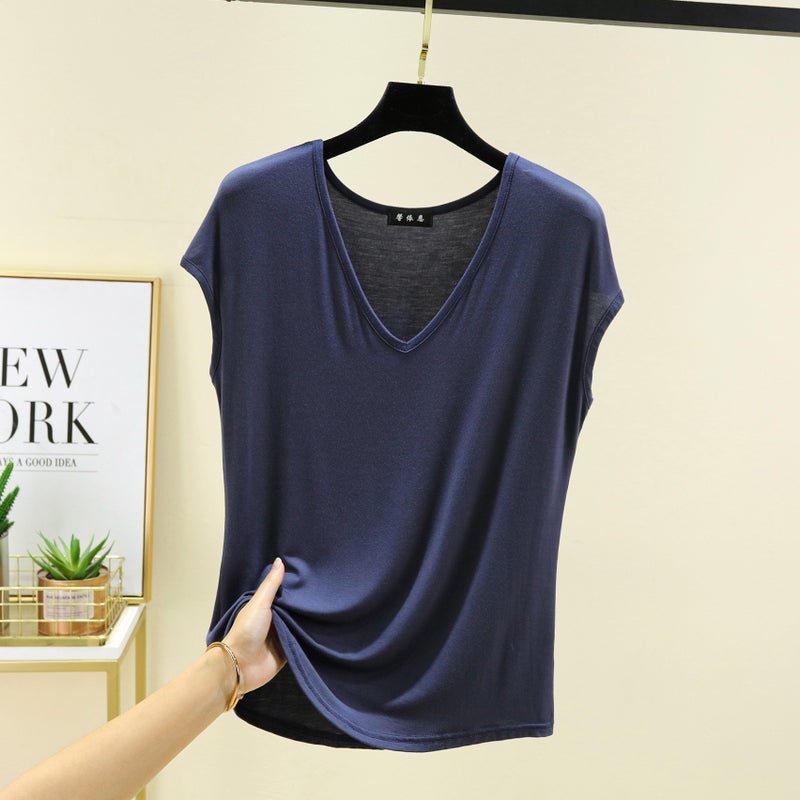 Modal V-Neck Sleeveless T-Shirt Women's Summer Thin Half-Sleeve Loose plus size All-Match Base Shirt Outer Wear T-Shirt Top - Image 1