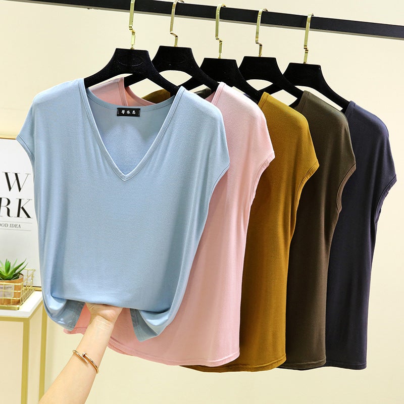 Modal V-Neck Sleeveless T-Shirt Women's Summer Thin Half-Sleeve Loose plus size All-Match Base Shirt Outer Wear T-Shirt Top - Image 3