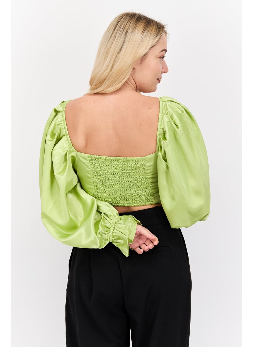 Yaura - Women Queen Anne Balloon Sleeves Plain Crop Top, Lime - Image 1