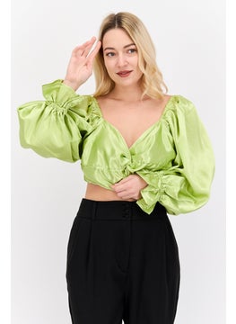 Women Queen Anne Balloon Sleeves Plain Crop Top, Lime