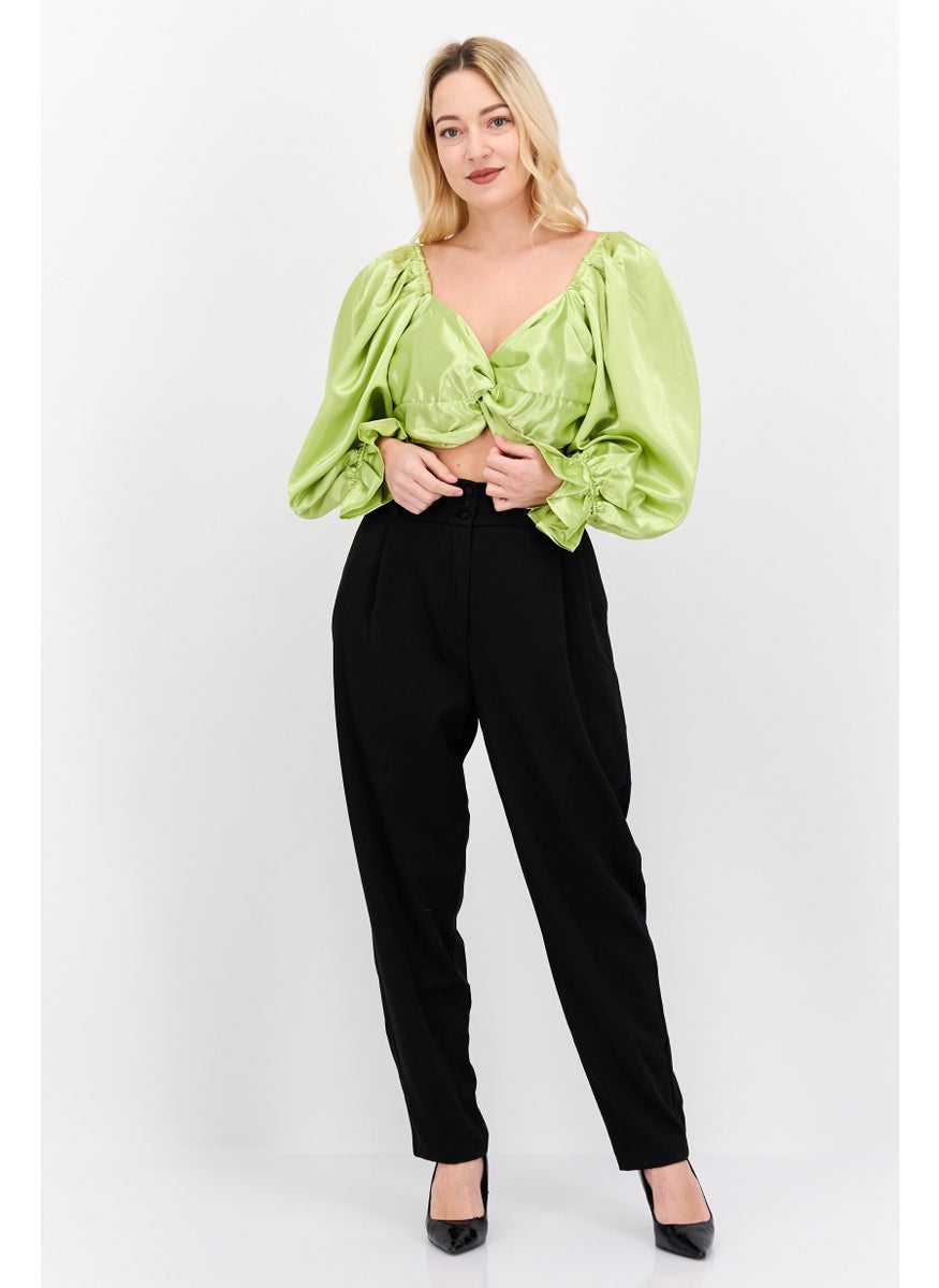 Yaura - Women Queen Anne Balloon Sleeves Plain Crop Top, Lime - Image 1