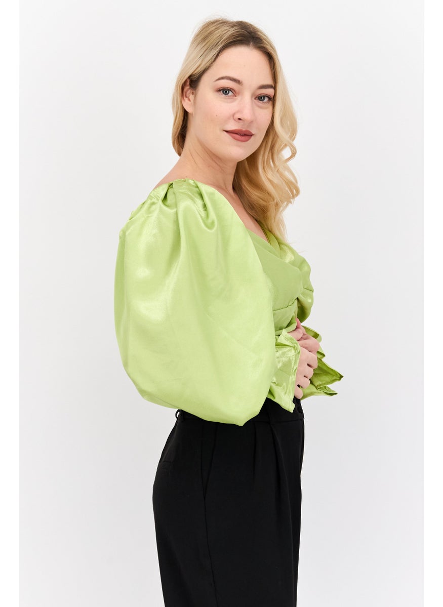 Yaura - Women Queen Anne Balloon Sleeves Plain Crop Top, Lime - Image 1