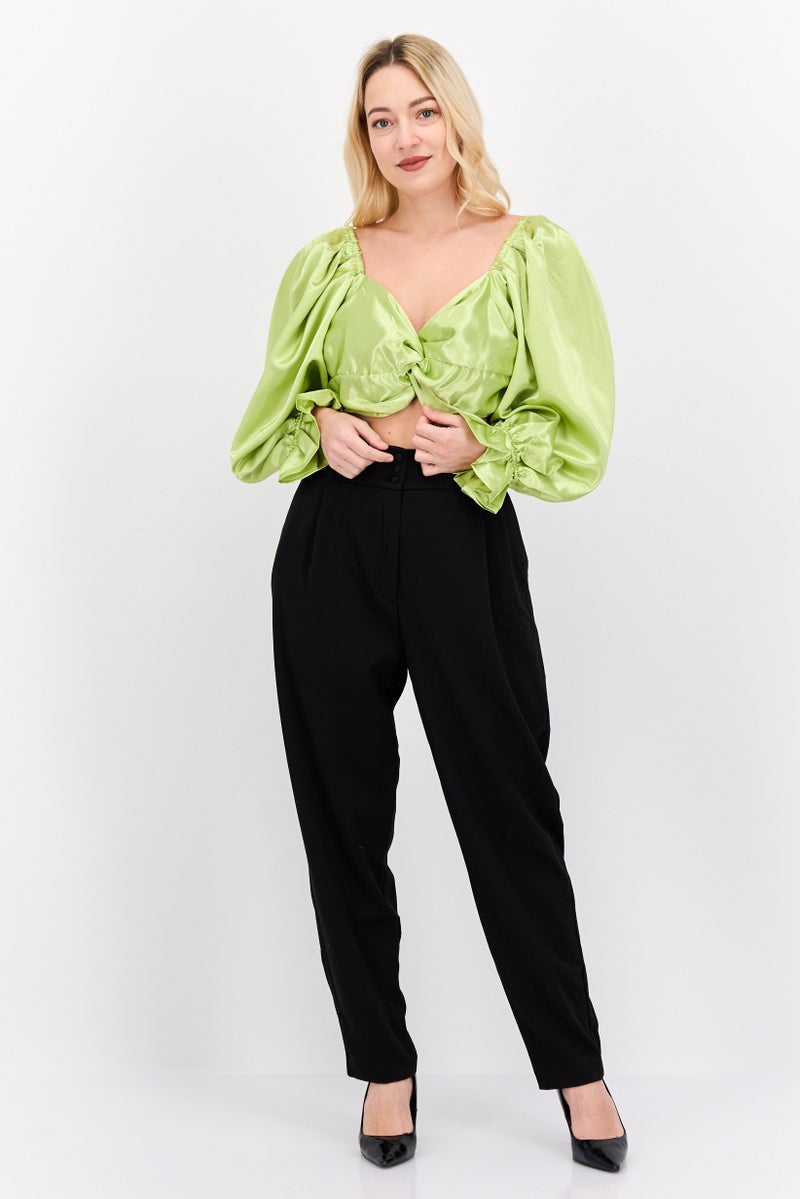 Yaura Women Queen Anne Balloon Sleeves Plain Crop Top, Lime - Image 4