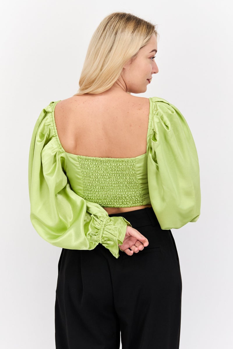 Yaura Women Queen Anne Balloon Sleeves Plain Crop Top, Lime - Image 2