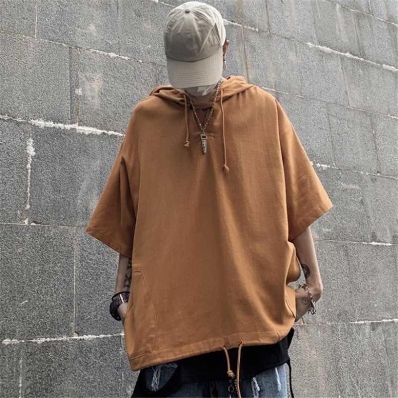 Harajuku Bf Style Short-Sleeve T-Shirt for Men, Hooded Casual Top, Loose Trendy Hong Kong Style Half-Sleeve Clothing, Ins Five-Point Sleeve - Image 4