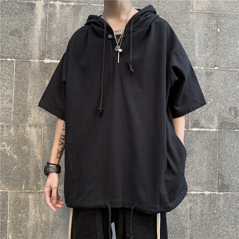 Harajuku Bf Style Short-Sleeve T-Shirt for Men, Hooded Casual Top, Loose Trendy Hong Kong Style Half-Sleeve Clothing, Ins Five-Point Sleeve - Image 1