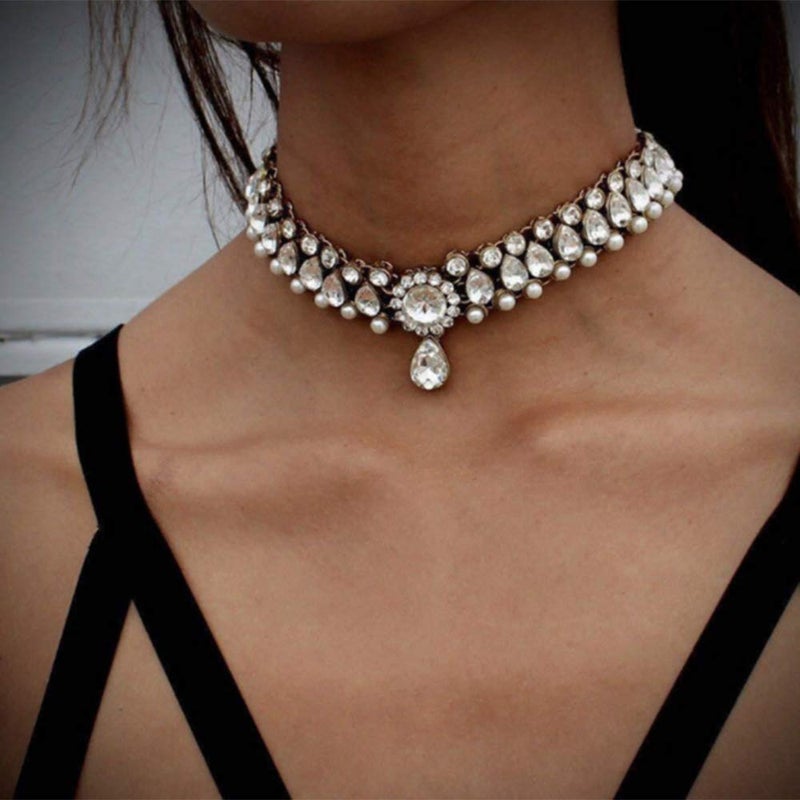 YERTTER Fashion Sparkly Womens Pearl Collar Crystal Diamond Chunky Choker Rhinestones Pendant Choker Necklace For Bridal and Womens (Silver)
