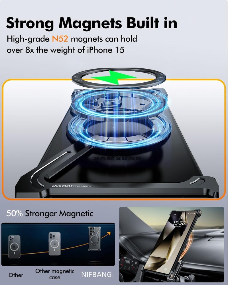 كاست ويف جراب على شكل حرف Z لهاتف Samsung Galaxy S24 Ultra، جراب واقٍ بمسند دوار 360 درجة، غطاء نحيف مقاوم للصدمات، معدن خفيف الوزن بدون إطار مع حامل حلقي مغناطيسي للرجال - Image 4