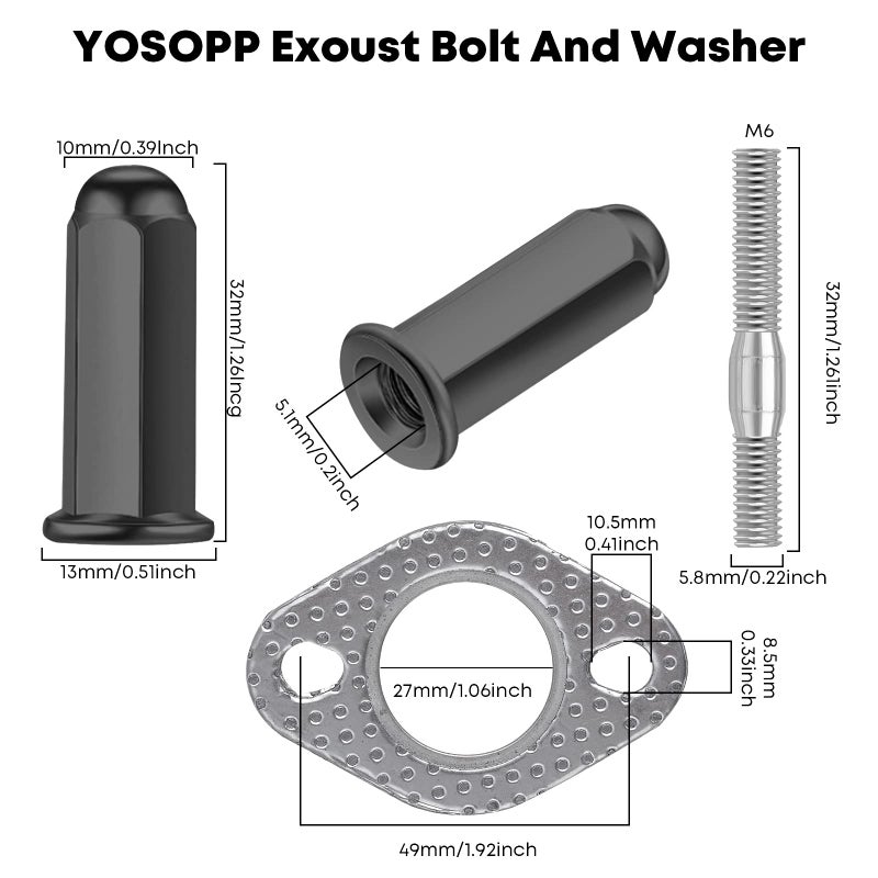 Yosopp Gy6 Exhaust Bolt Nuts Gasket For 50Cc 70Cc 90Cc 110Cc 125Cc 150Cc Scooters Atvs Gmb139 Engine Moped Quad 4 Wheeler Dune Buggy Go Karts Taotao Sunl Coolster Jonway Roketa Sandrail (Black) - Image 5