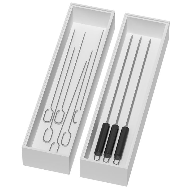 Lixple Bamboo Drawer Organizer, Narrow Silverware Organizer for Kitchen, Stackable Utensil Organizer, 2 Pcs Flatware Organizer for Drawer, Wooden Storage Box Tray (White, 12 X 3 X 2 Inch) - Image 1