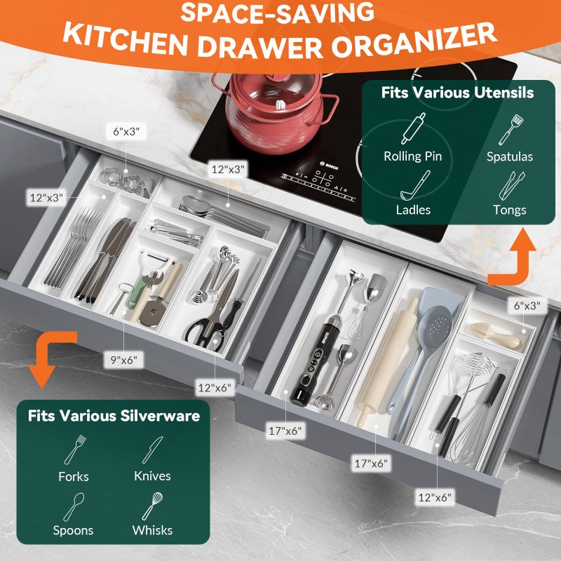 Lixple Bamboo Drawer Organizer, Narrow Silverware Organizer for Kitchen, Stackable Utensil Organizer, 2 Pcs Flatware Organizer for Drawer, Wooden Storage Box Tray (White, 12 X 3 X 2 Inch) - Image 3