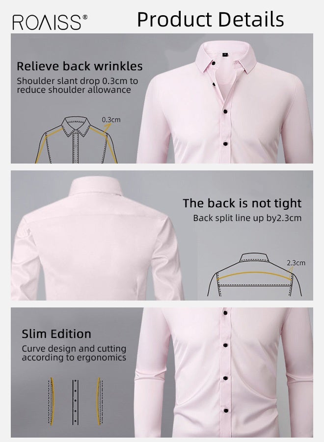 رويس قميص رجالي وردي فاتح، قابل للتمدد في 4 اتجاهات، مضاد للتجاعيد، مناسب للعمل، بأكمام طويلة، مناسب للارتداء الرسمي لخزانة الملابس المهنية - Image 4