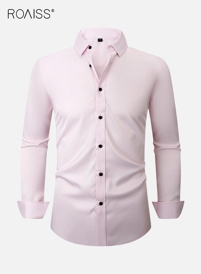 رويس قميص رجالي وردي فاتح، قابل للتمدد في 4 اتجاهات، مضاد للتجاعيد، مناسب للعمل، بأكمام طويلة، مناسب للارتداء الرسمي لخزانة الملابس المهنية - Image 1