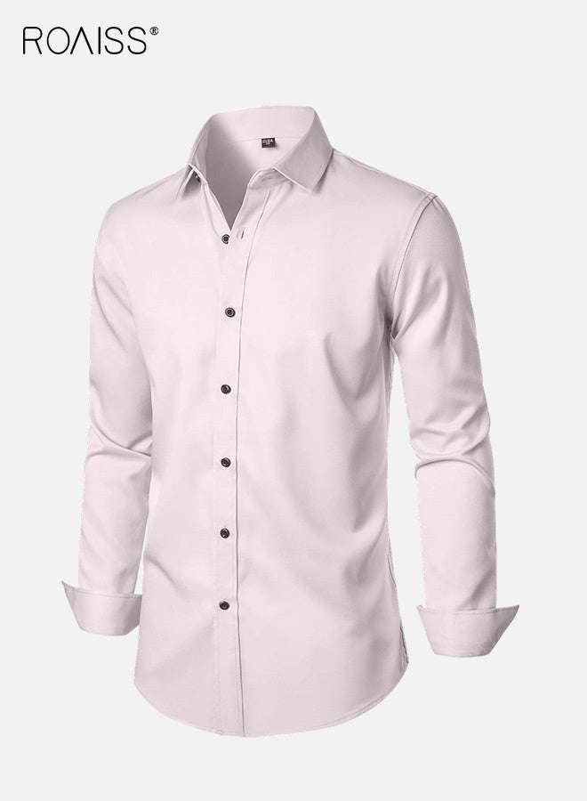 رويس قميص رجالي وردي فاتح، قابل للتمدد في 4 اتجاهات، مضاد للتجاعيد، مناسب للعمل، بأكمام طويلة، مناسب للارتداء الرسمي لخزانة الملابس المهنية - Image 3