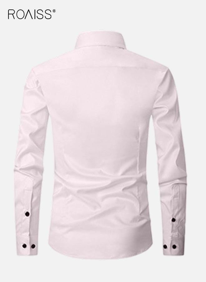 رويس قميص رجالي وردي فاتح، قابل للتمدد في 4 اتجاهات، مضاد للتجاعيد، مناسب للعمل، بأكمام طويلة، مناسب للارتداء الرسمي لخزانة الملابس المهنية - Image 2