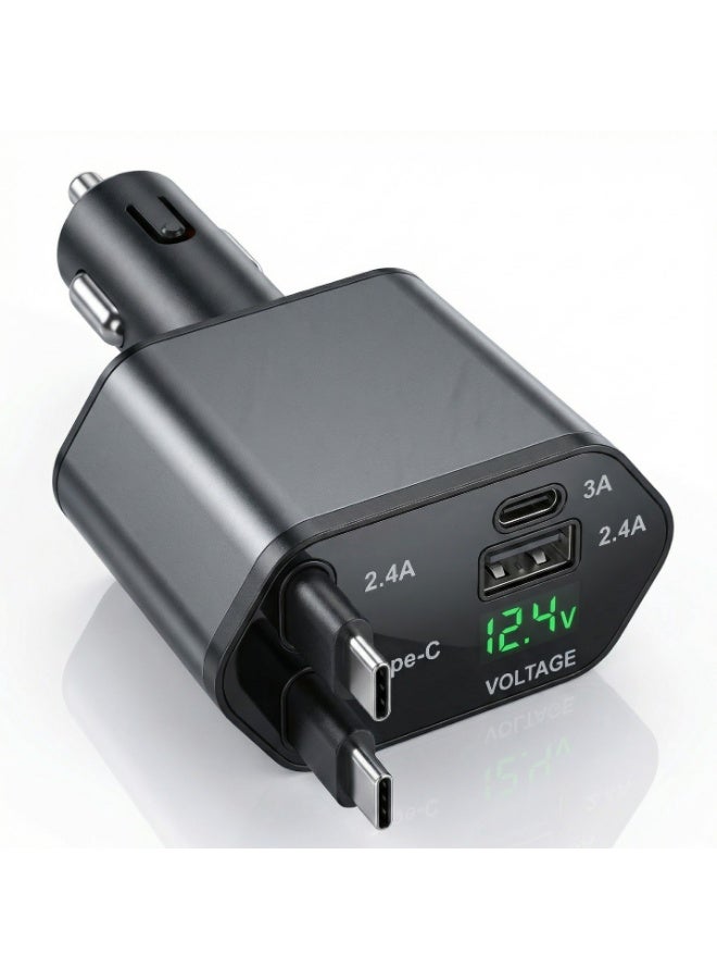 شاحن سيارة قابل للسحب 120 واط شحن سريع – محول USB للسيارة 4 في 1 مع كابلين تلسكوبيين مدمجين (Type-C بقوة 100 واط وLightning)، منفذان USB، متوافق مع iPhone 17/16/15 وSamsung S25/S24 وiPad - Image 1