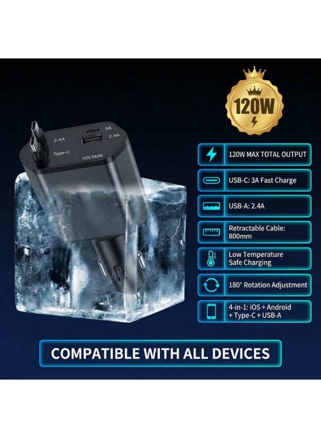 شاحن سيارة قابل للسحب 120 واط شحن سريع – محول USB للسيارة 4 في 1 مع كابلين تلسكوبيين مدمجين (Type-C بقوة 100 واط وLightning)، منفذان USB، متوافق مع iPhone 17/16/15 وSamsung S25/S24 وiPad - Image 5