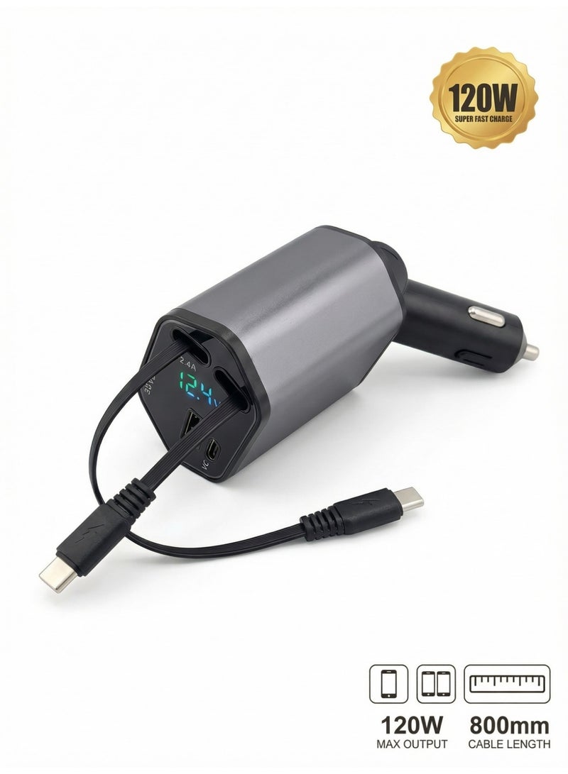 شاحن سيارة قابل للسحب 120 واط شحن سريع – محول USB للسيارة 4 في 1 مع كابلين تلسكوبيين مدمجين (Type-C بقوة 100 واط وLightning)، منفذان USB، متوافق مع iPhone 17/16/15 وSamsung S25/S24 وiPad - Image 2