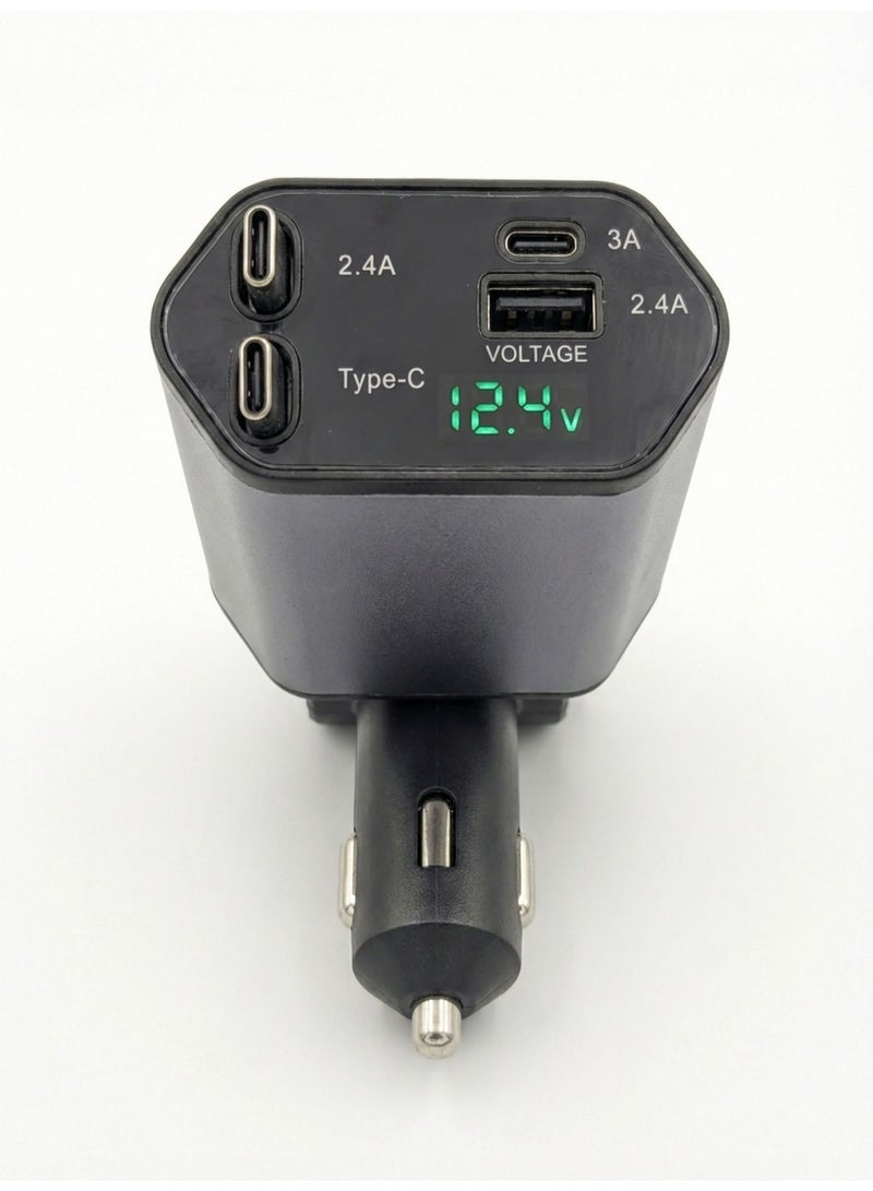 شاحن سيارة قابل للسحب 120 واط شحن سريع – محول USB للسيارة 4 في 1 مع كابلين تلسكوبيين مدمجين (Type-C بقوة 100 واط وLightning)، منفذان USB، متوافق مع iPhone 17/16/15 وSamsung S25/S24 وiPad - Image 3