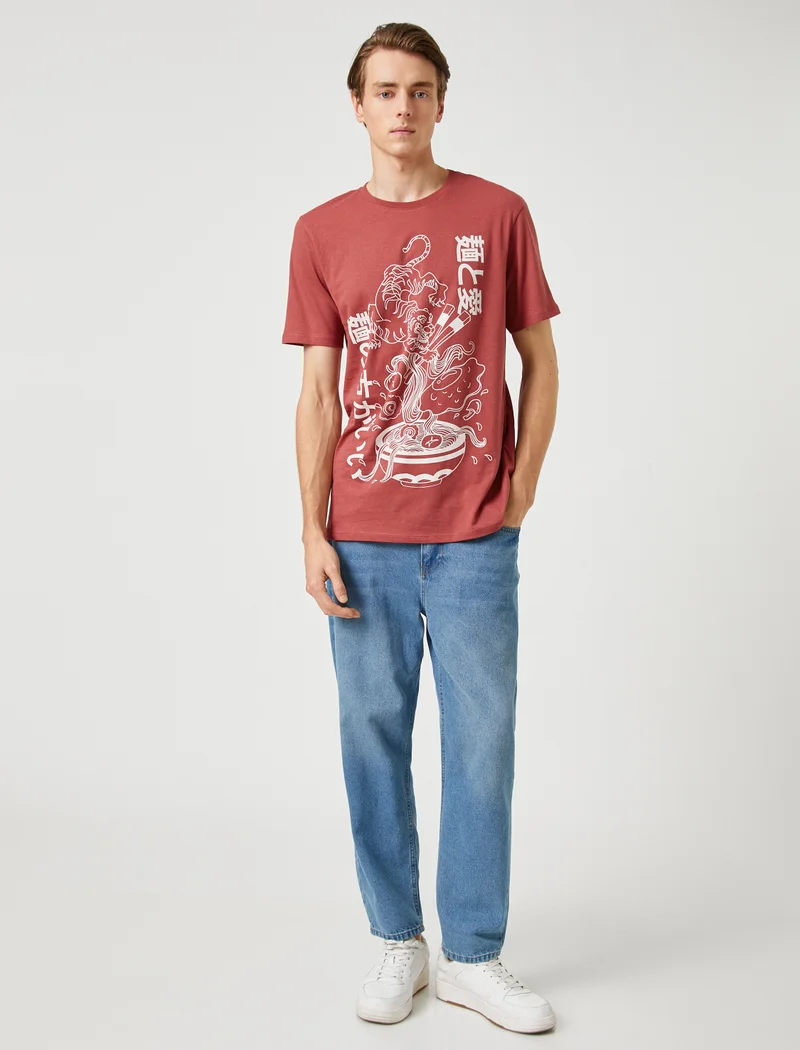 كوتون Far East Printed T-Shirt Crew Neck Short Sleeve Slim Fit