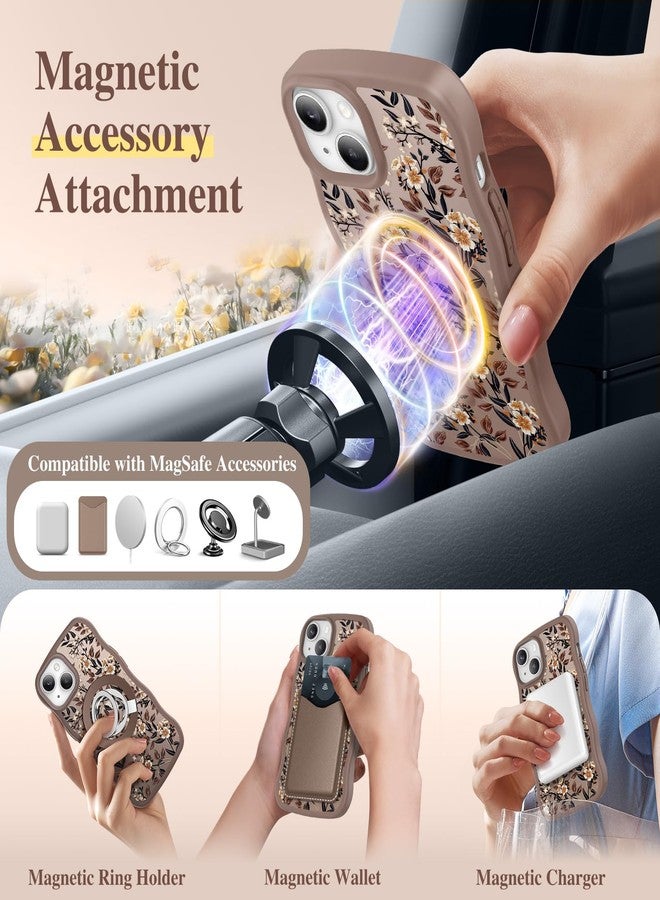 جراب GVIEWIN لهواتف iPhone 14 و iPhone 13 [متوافق مع MagSafe] [حافة مموجة] غطاء حماية رفيع مغناطيسي شفاف مزين بالزهور ومقاوم للصدمات، مناسب للفتيات والسيدات، مقاس 6.1 بوصة، لون زهور/بني - Image 4