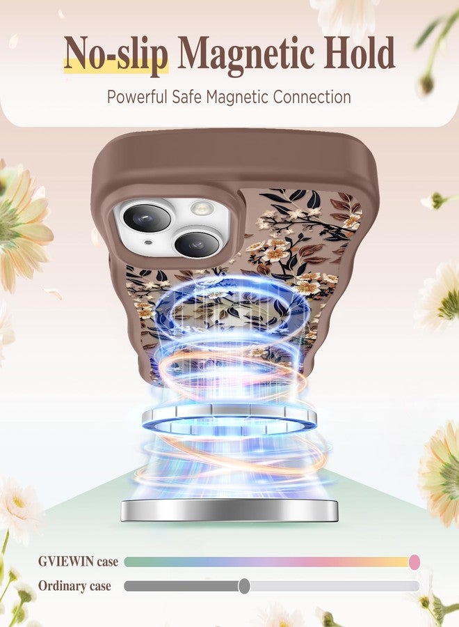 جراب GVIEWIN لهواتف iPhone 14 و iPhone 13 [متوافق مع MagSafe] [حافة مموجة] غطاء حماية رفيع مغناطيسي شفاف مزين بالزهور ومقاوم للصدمات، مناسب للفتيات والسيدات، مقاس 6.1 بوصة، لون زهور/بني - Image 3