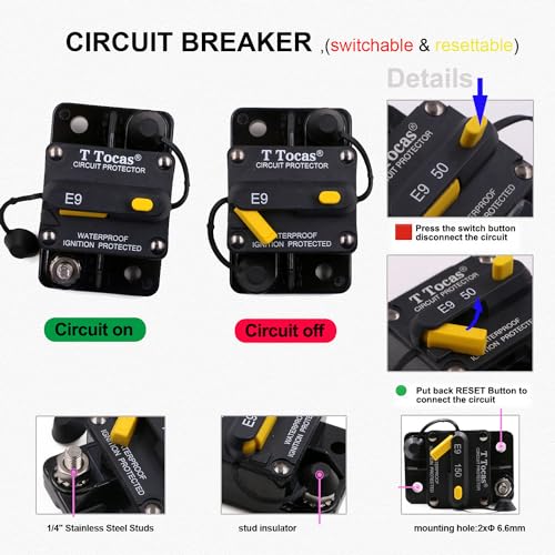 T Tocas E9 50 Amp Circuit Breaker with Manual Reset | Waterproof IP67 Protection | UL Certified | 12V - 72V DC 50A Swithable - Image 3
