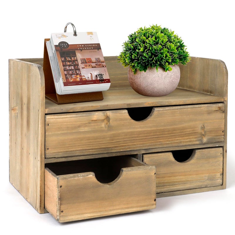 Besti Wooden Office Desk Organizer - Organizing Tool for Desktop, Cubicle, Bedroom, Kitchen - Vintage Style Organization Caddy with Top Tray Shelf & 3 Drawers - 13.6x9x7 Inches (Rustic Burnt) - Image 1