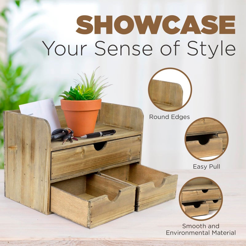 Besti Wooden Office Desk Organizer - Organizing Tool for Desktop, Cubicle, Bedroom, Kitchen - Vintage Style Organization Caddy with Top Tray Shelf & 3 Drawers - 13.6x9x7 Inches (Rustic Burnt) - Image 3