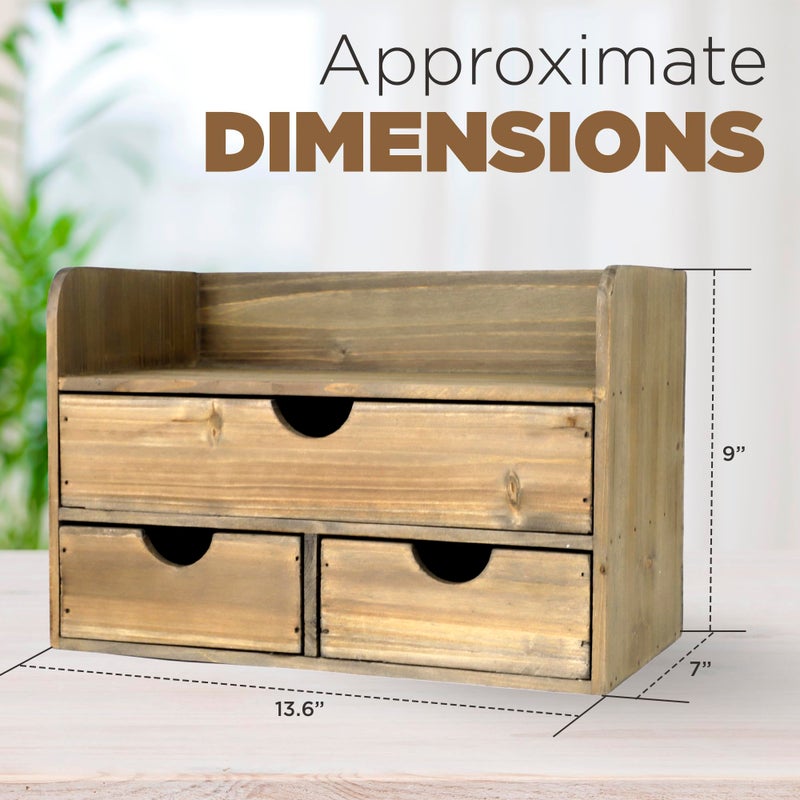 Besti Wooden Office Desk Organizer - Organizing Tool for Desktop, Cubicle, Bedroom, Kitchen - Vintage Style Organization Caddy with Top Tray Shelf & 3 Drawers - 13.6x9x7 Inches (Rustic Burnt) - Image 4