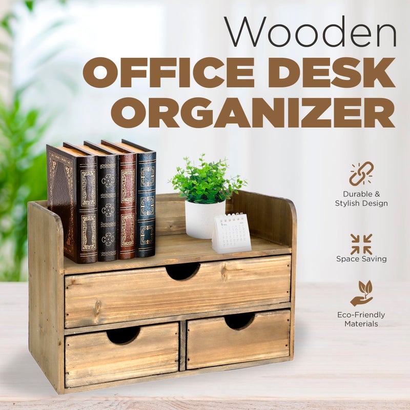 Besti Wooden Office Desk Organizer - Organizing Tool for Desktop, Cubicle, Bedroom, Kitchen - Vintage Style Organization Caddy with Top Tray Shelf & 3 Drawers - 13.6x9x7 Inches (Rustic Burnt) - Image 2