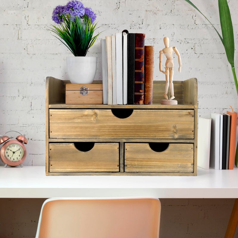 Besti Wooden Office Desk Organizer - Organizing Tool for Desktop, Cubicle, Bedroom, Kitchen - Vintage Style Organization Caddy with Top Tray Shelf & 3 Drawers - 13.6x9x7 Inches (Rustic Burnt) - Image 5
