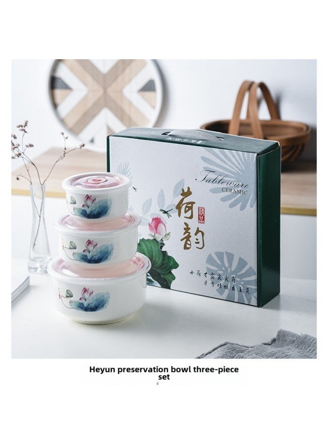 Bear Ceramic Preservation Bowl Three-piece Set Sealed Bowl Gift Bowl Set Gift Microwave Oven Bowl Plus LOGO Preservation-Specifications:Lotus Set Of Three Fresh-keeping Bowls (20 Sets/box)-Color:4inch 5inch 6inch  - Image 1