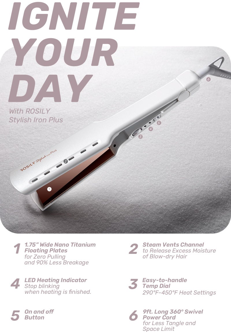 ROSILY Nano Titanium Flat Iron | 1.75 Inch Wide Hair Straightener, Dual Voltage 100-240V, Adjustable Temperature Suitable for All Hair Type, Instant Heat Up - Image 2